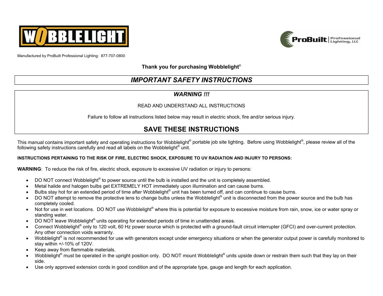 Probuilt Professional Lighting Wobblelight User Manual | 7 pages