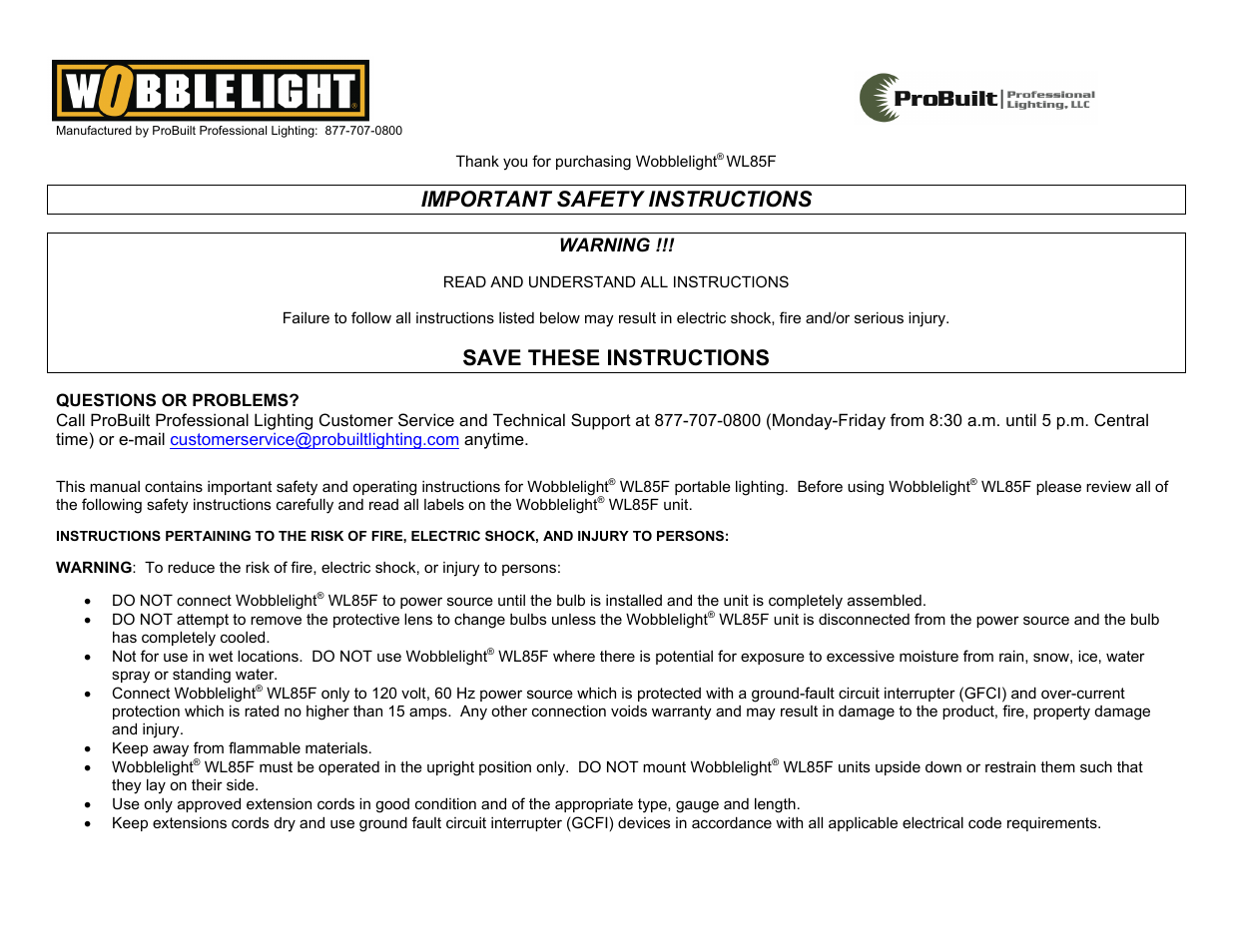 Probuilt Professional Lighting Wobblelight 85w User Manual | 3 pages