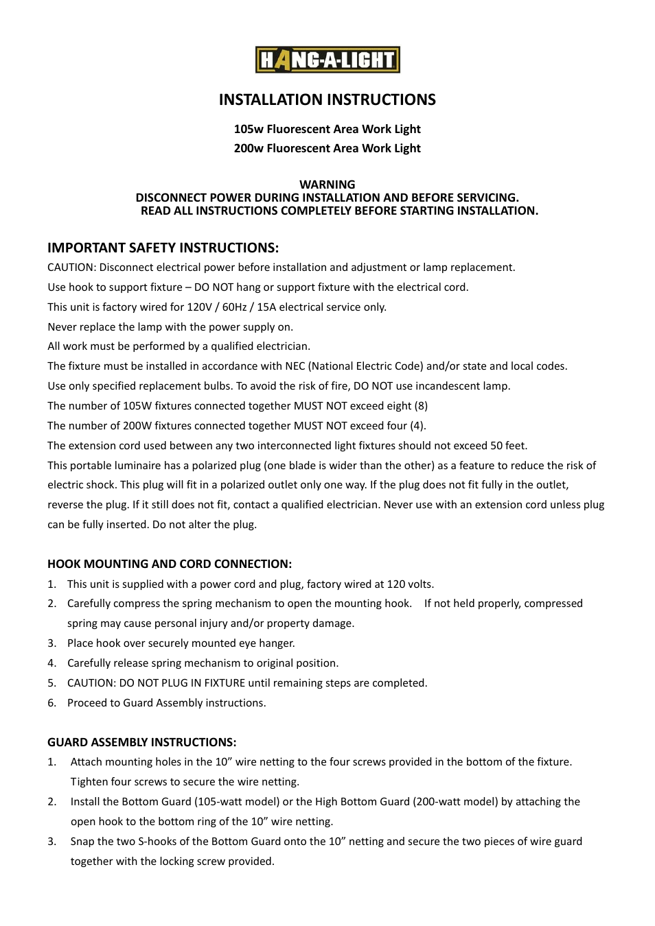 Probuilt Professional Lighting Hang-A-Light 200w Fluorescent User Manual | 3 pages