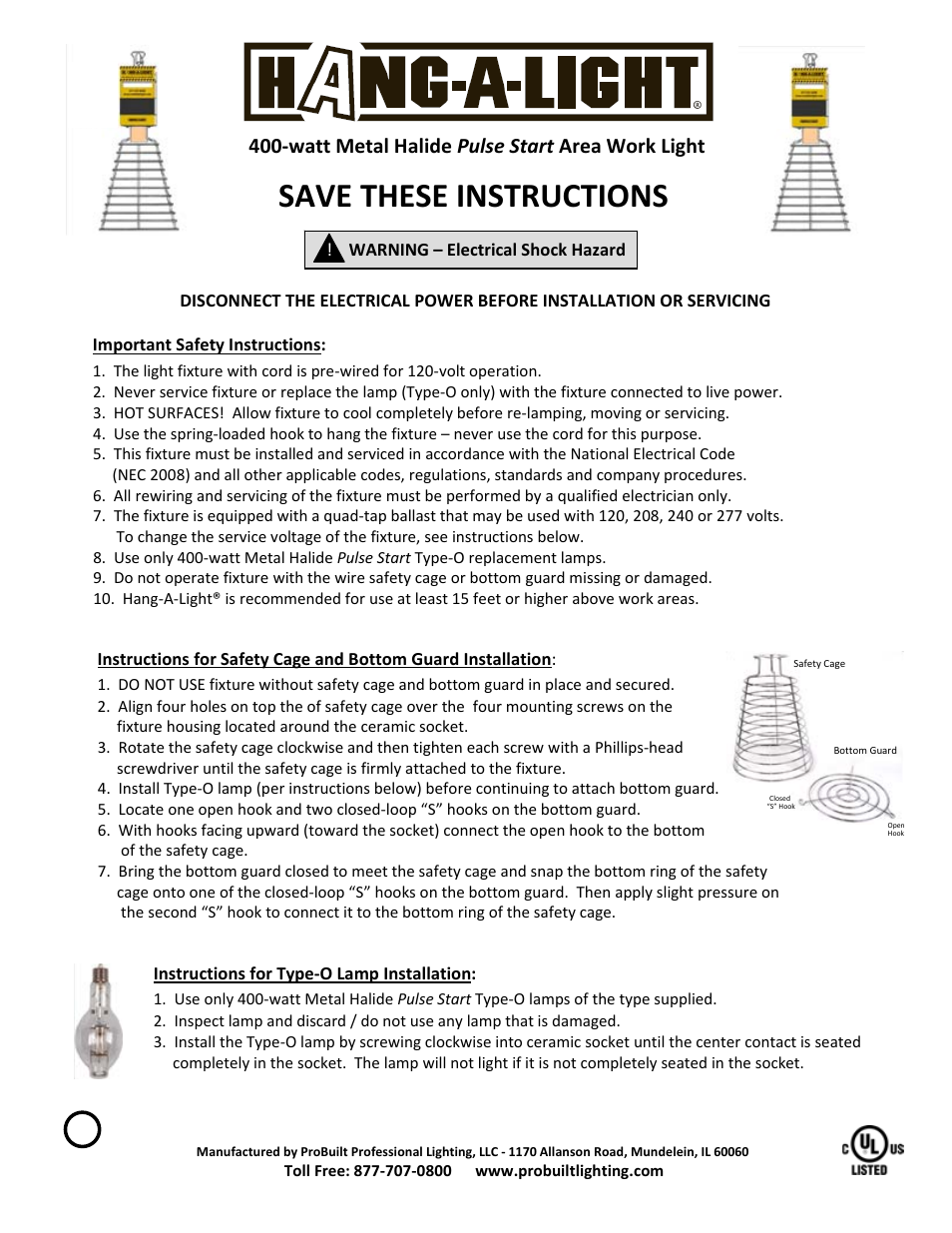 Probuilt Professional Lighting Hang-A-Light 400w Metal Halide User Manual | 2 pages