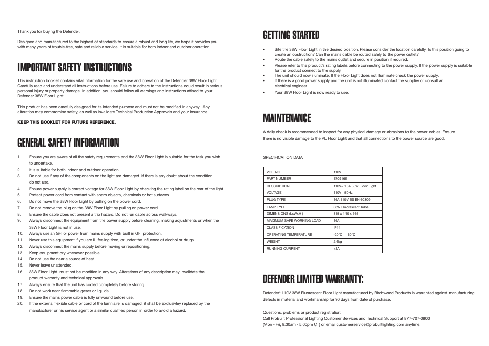 Important safety instructions, General safety information, Getting started | Maintenance, Defender limited warranty | Probuilt Professional Lighting Fluorescent Floor Light 38W User Manual | Page 2 / 2