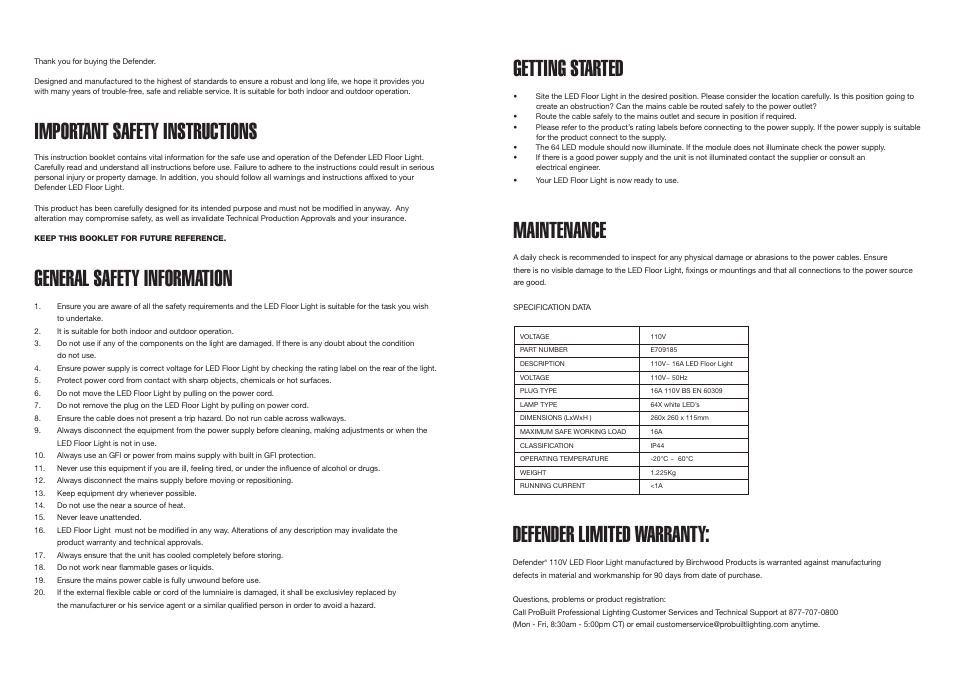 Important safety instructions, General safety information, Getting started | Maintenance, Defender limited warranty | Probuilt Professional Lighting LED Floor Light User Manual | Page 2 / 2