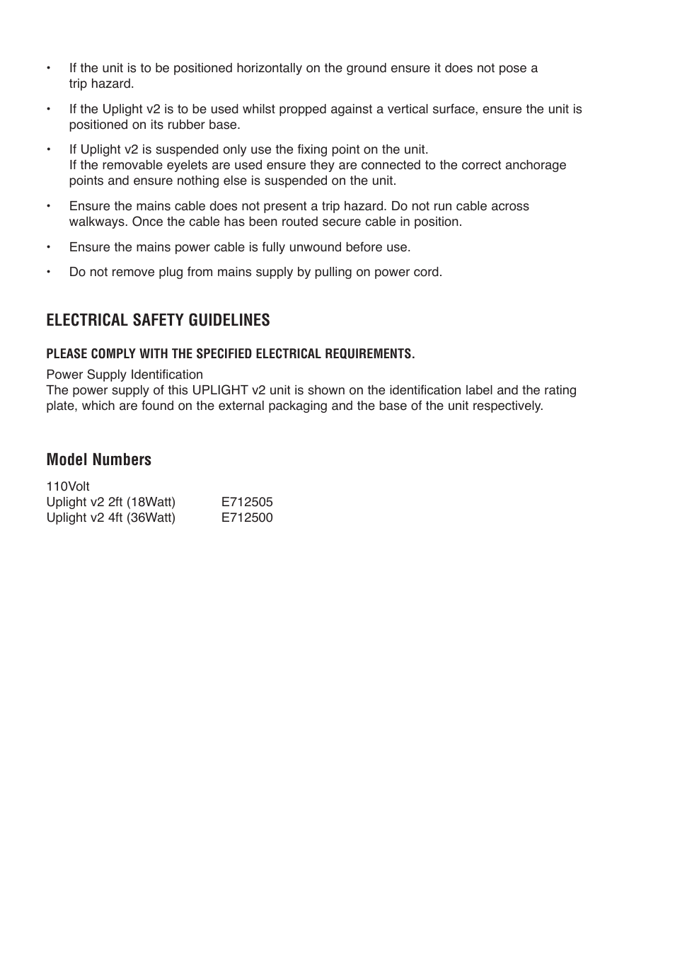 Electrical safety guidelines, Model numbers | Probuilt Professional Lighting Uplight v2 User Manual | Page 4 / 12