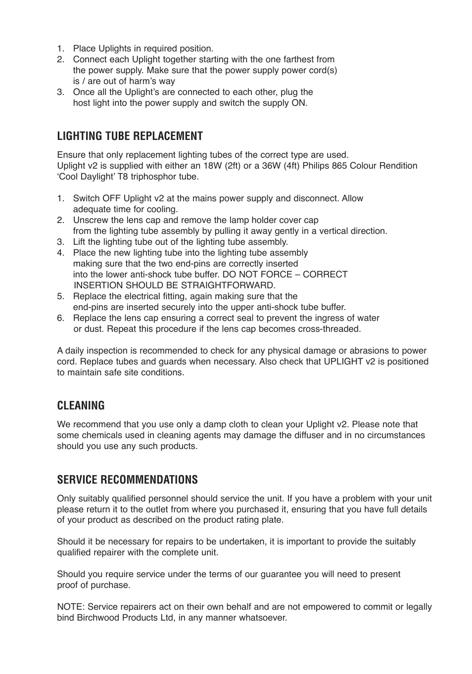 Lighting tube replacement, Cleaning, Service recommendations | Probuilt Professional Lighting Uplight v2 User Manual | Page 7 / 12
