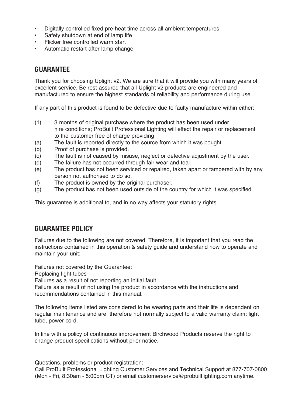 Guarantee, Guarantee policy | Probuilt Professional Lighting Uplight v2 User Manual | Page 9 / 12