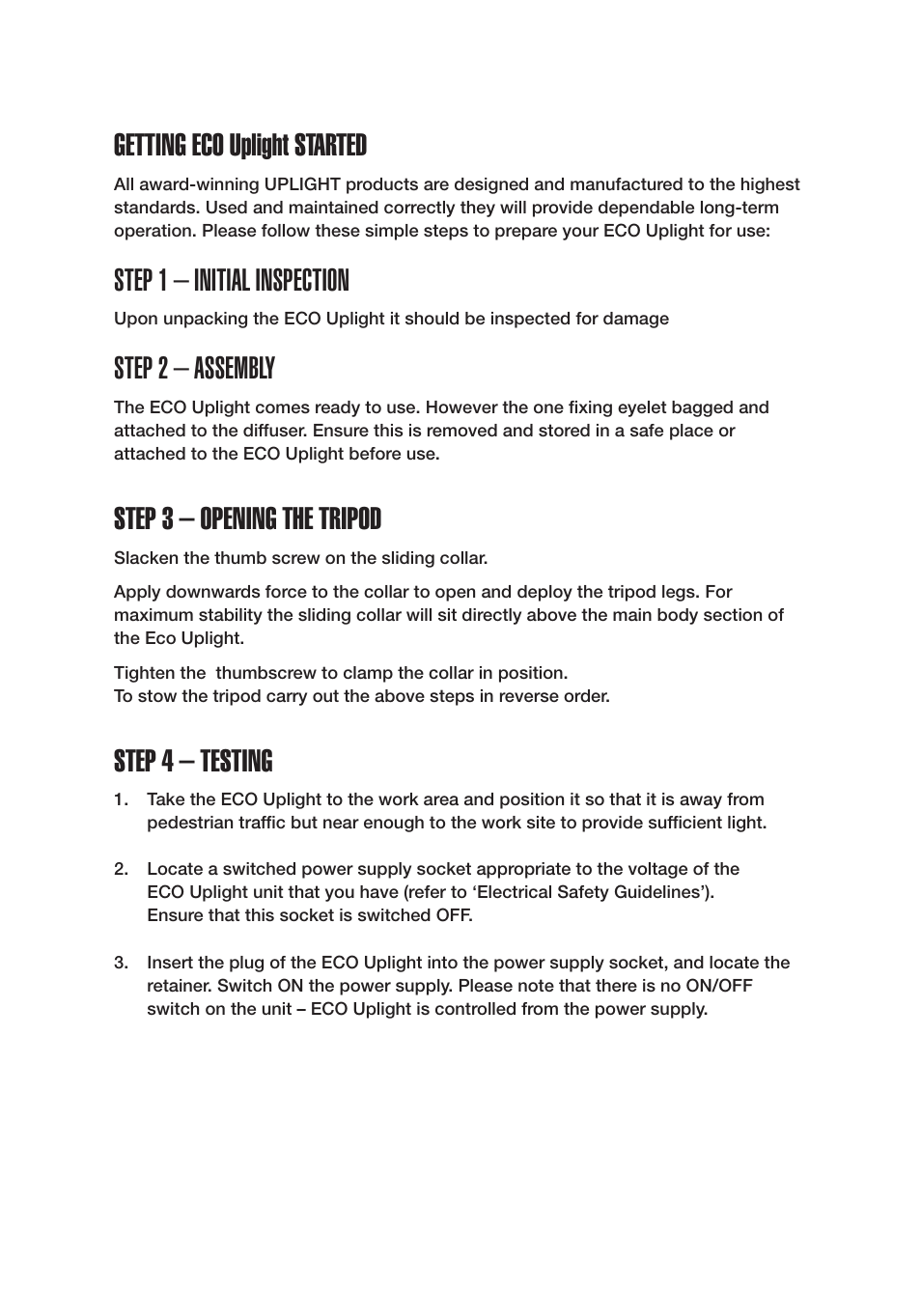 Getting eco uplight started, Step 1 – initial inspection, Step 2 – assembly | Step 3 – opening the tripod, Step 4 – testing | Probuilt Professional Lighting ECO Uplight User Manual | Page 4 / 8