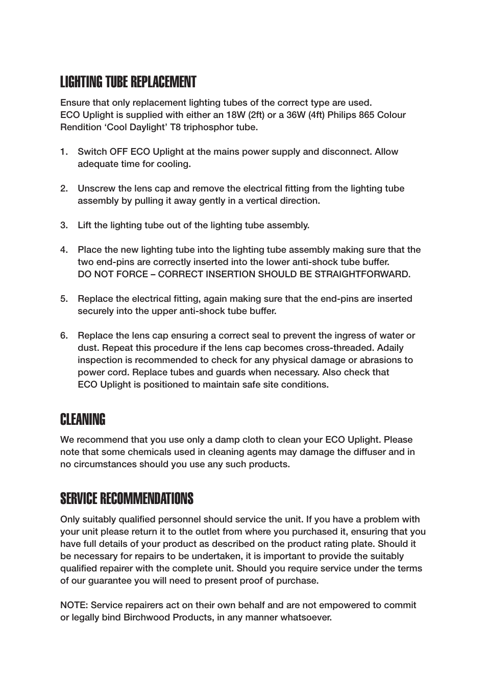 Lighting tube replacement, Cleaning, Service recommendations | Probuilt Professional Lighting ECO Uplight User Manual | Page 5 / 8