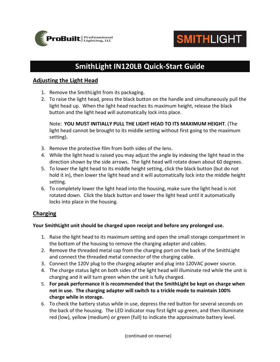 Probuilt Professional Lighting SmithLight IN120LB User Manual | 2 pages