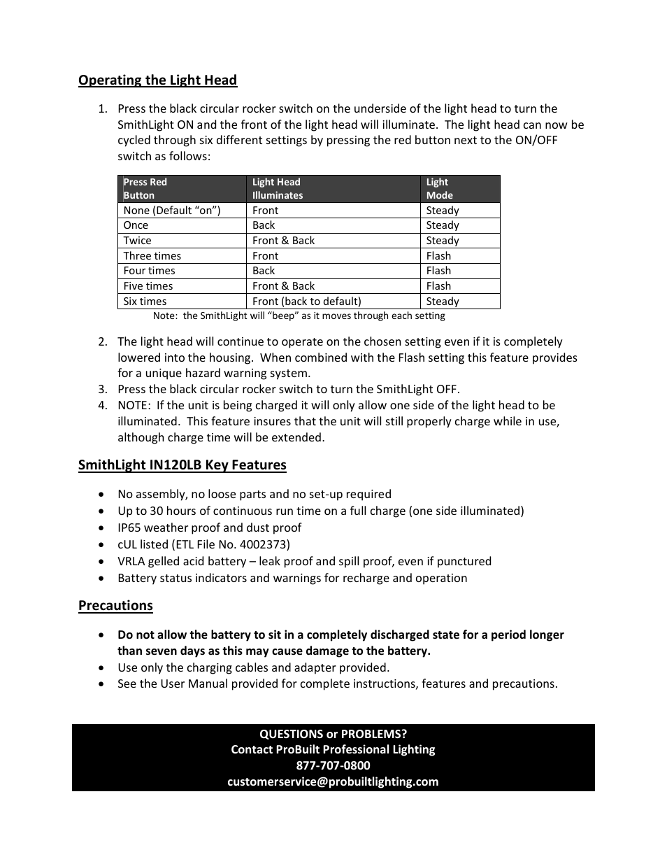 Operating the light head, Smithlight in120lb key features, Precautions | Probuilt Professional Lighting SmithLight IN120LB User Manual | Page 2 / 2