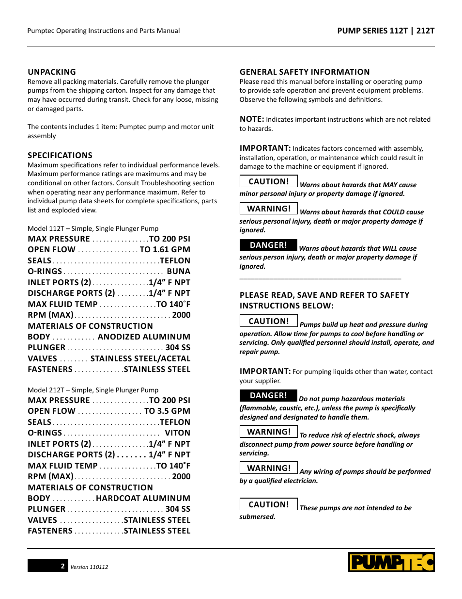 Pumptec 212T SERIES User Manual | Page 2 / 11