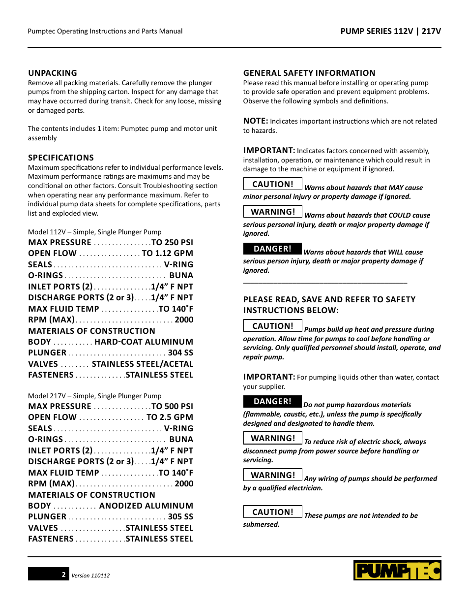 Pumptec 217V SERIES User Manual | Page 2 / 11