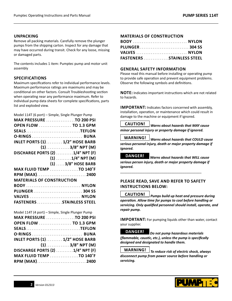 Pumptec 114T SERIES User Manual | Page 2 / 11