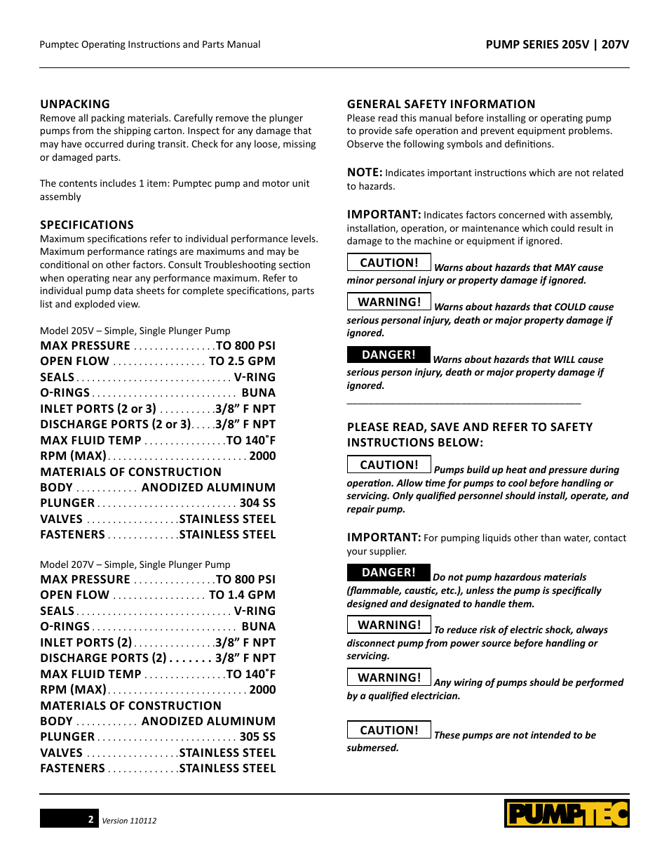 Pumptec 207V SERIES User Manual | Page 2 / 11