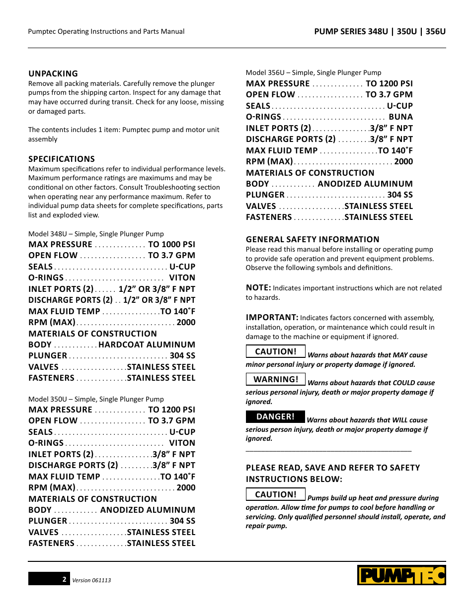 Pumptec 356U SERIES User Manual | Page 2 / 11