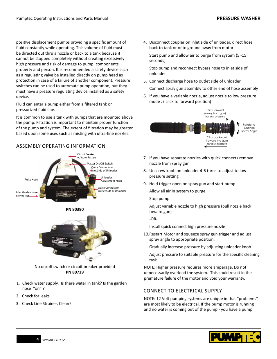 Pressure washer, Assembly operating information, Connect to electrical supply | Pumptec PRESSURE WASHER User Manual | Page 4 / 13