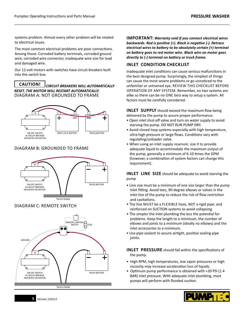 Pressure washer, Caution, Diagram a: not grounded to frame | Inlet condition checklist, Inlet supply, Inlet line size, Inlet pressure | Pumptec PRESSURE WASHER User Manual | Page 5 / 13