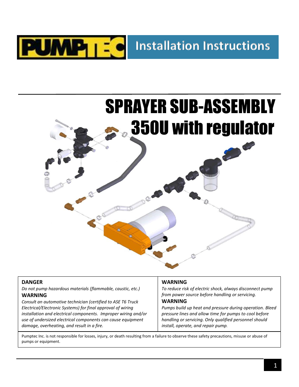 Pumptec SPRAYER SUB-ASSEMBLY 350U with regulator User Manual | 8 pages