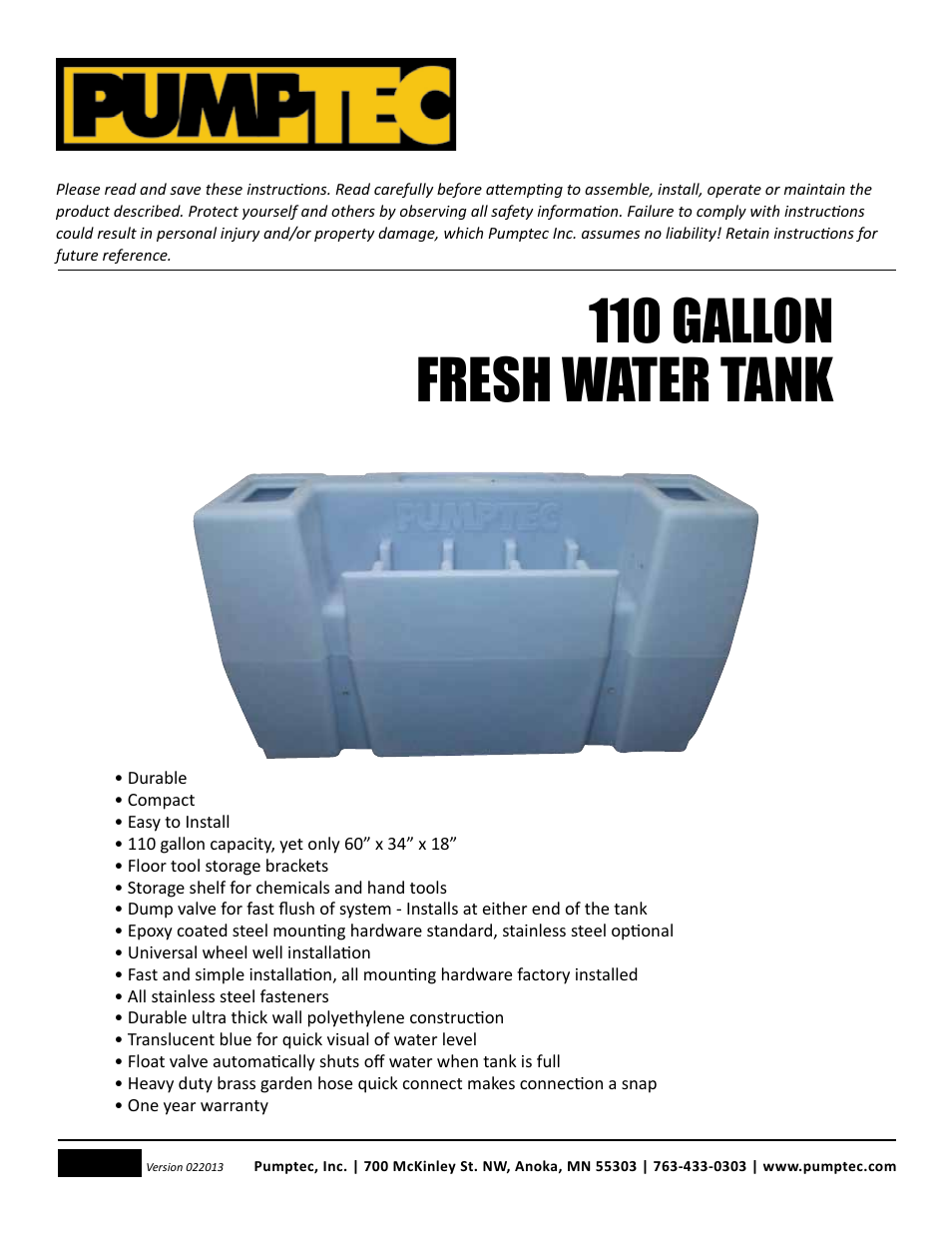 Pumptec 110 GALLON FRESH WATER TANK User Manual | 5 pages