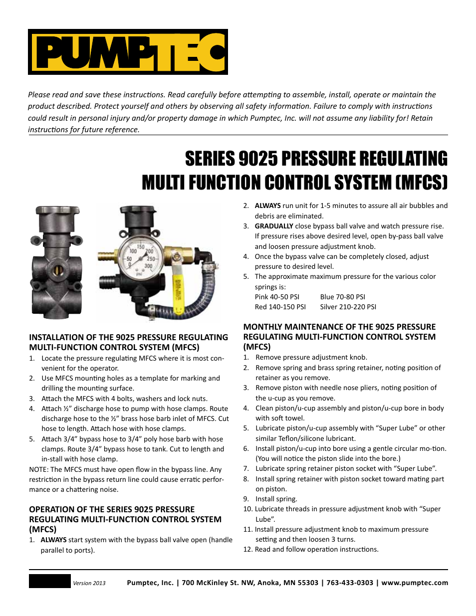 Pumptec 9025 PRESSURE REGULATING User Manual | 1 page