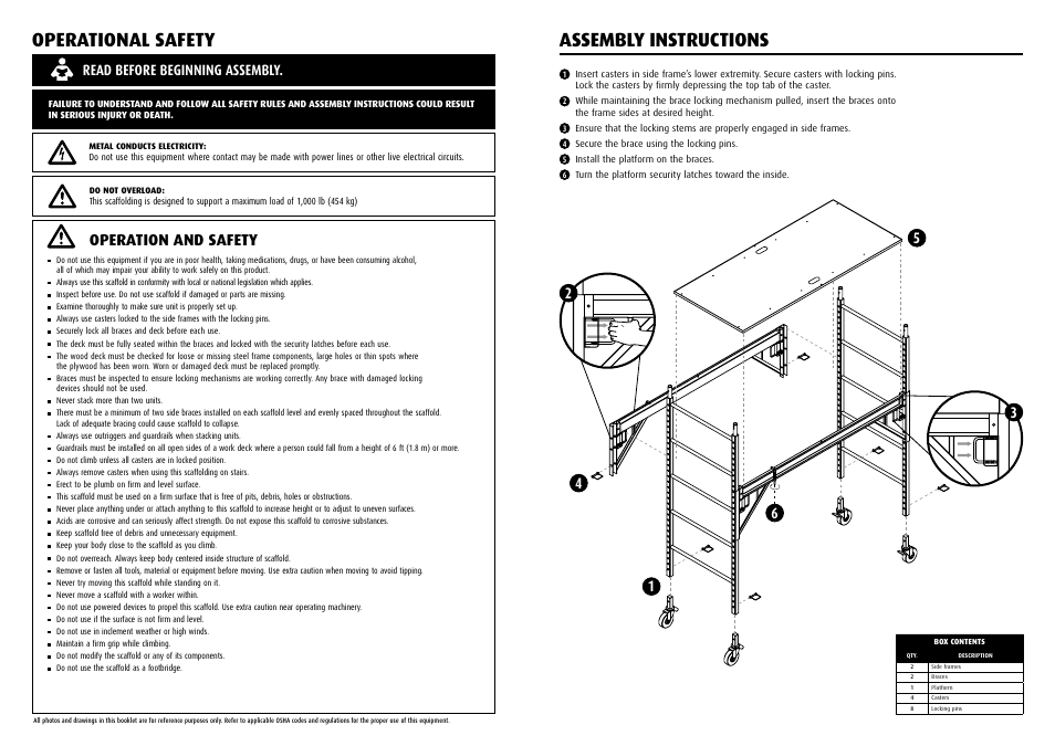 Operational safety, Assembly instructions, Operation and safety | Read before beginning assembly | Qualcraft UltraPro Steel Mobile Scaffold User Manual | Page 2 / 2