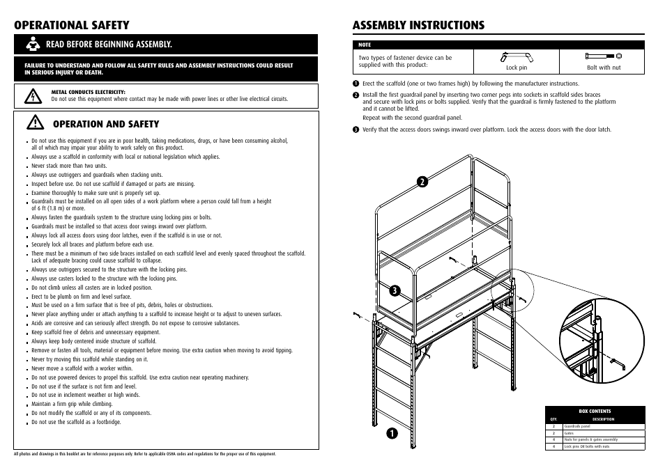 Operational safety, Assembly instructions, Operation and safety | Read before beginning assembly | Qualcraft UltraPro Steel Guardrail System User Manual | Page 2 / 2