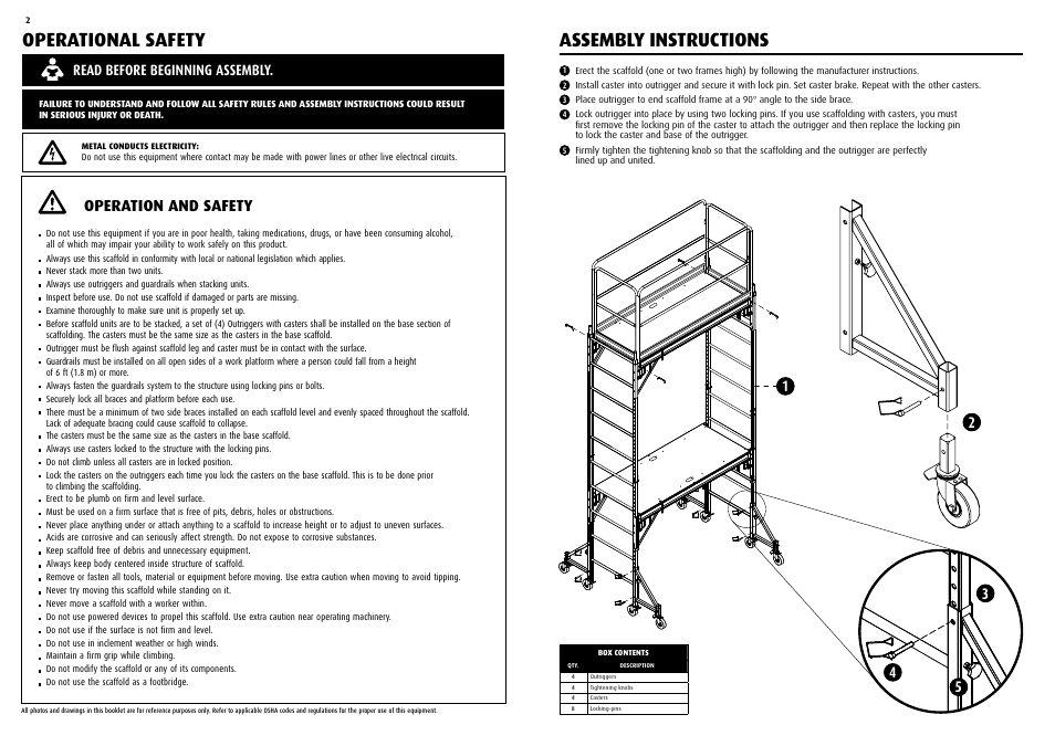 Operational safety, Assembly instructions, Operation and safety | Read before beginning assembly | Qualcraft UltraPro Steel Outrigger System User Manual | Page 2 / 2