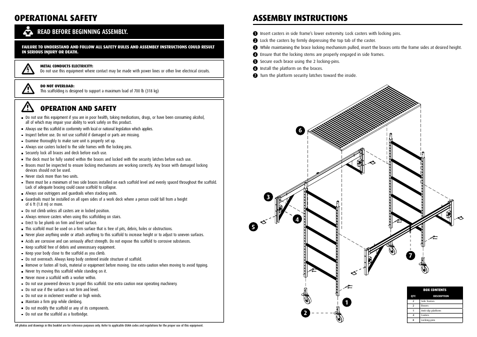 Operational safety, Assembly instructions, Operation and safety | Read before beginning assembly | Qualcraft UltraPro Aluminum Mobile Scaffold User Manual | Page 2 / 2