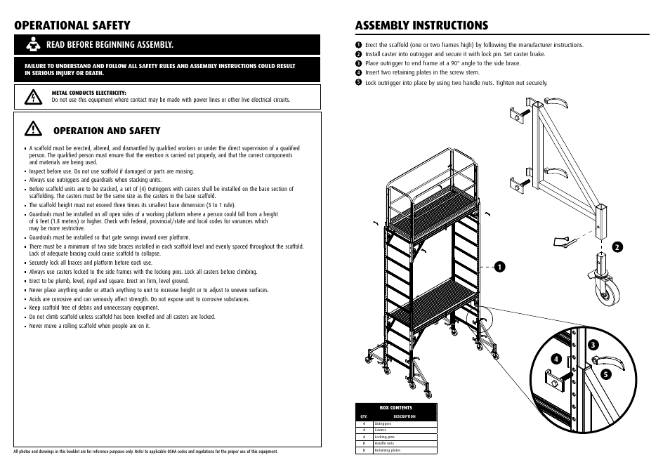 Operational safety, Assembly instructions, Operation and safety | Read before beginning assembly | Qualcraft UltraPro Aluminum Outrigger System User Manual | Page 2 / 2