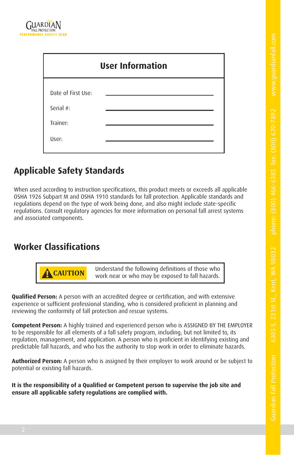 User information, Applicable safety standards, Worker classifications | Qualcraft Stacker Bracket Frame User Manual | Page 4 / 20