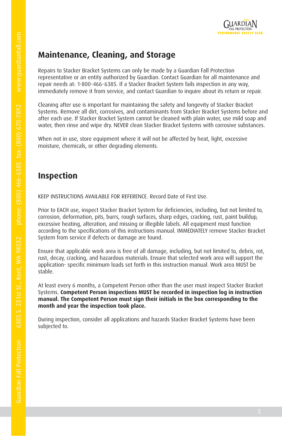 Maintenance, cleaning, and storage, Inspection | Qualcraft Stacker Bracket Frame User Manual | Page 7 / 20