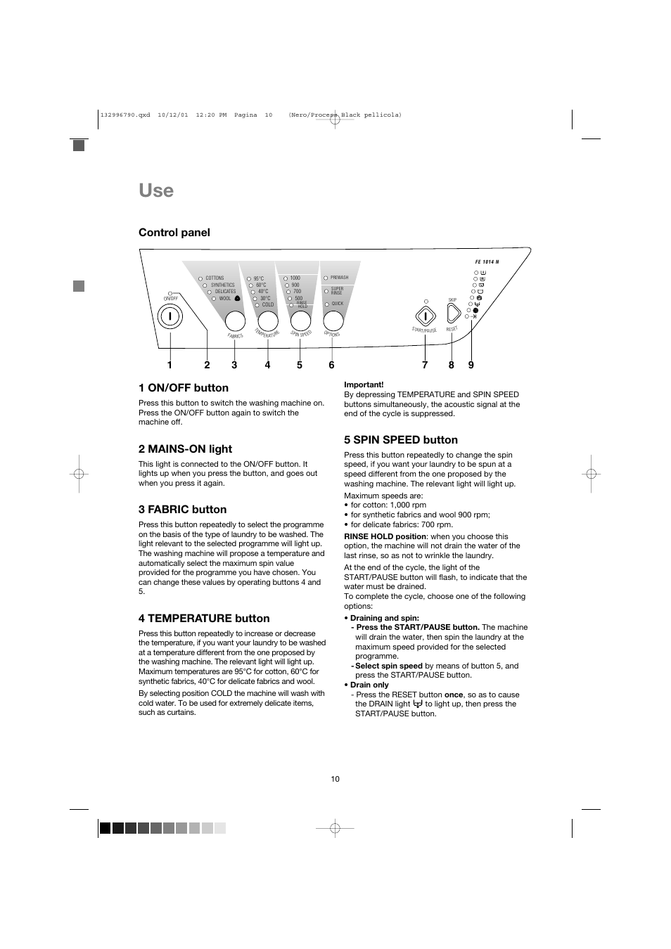 Control panel 1 on/off button, 2 mains-on light, 3 fabric button | 4 temperature button, 5 spin speed button | Zanussi FE 1014 N User Manual | Page 10 / 92