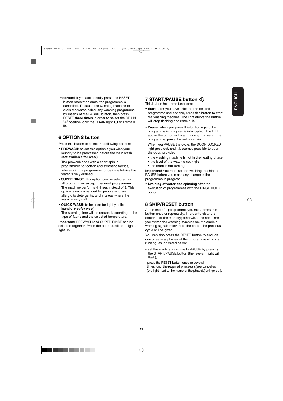 6 options button, 7 start/pause button, 8 skip/reset button | Zanussi FE 1014 N User Manual | Page 11 / 92