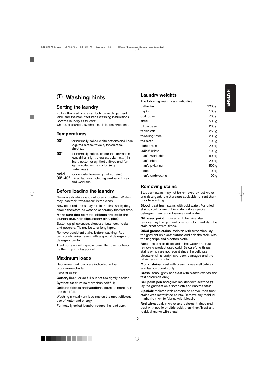 Washing hints | Zanussi FE 1014 N User Manual | Page 13 / 92