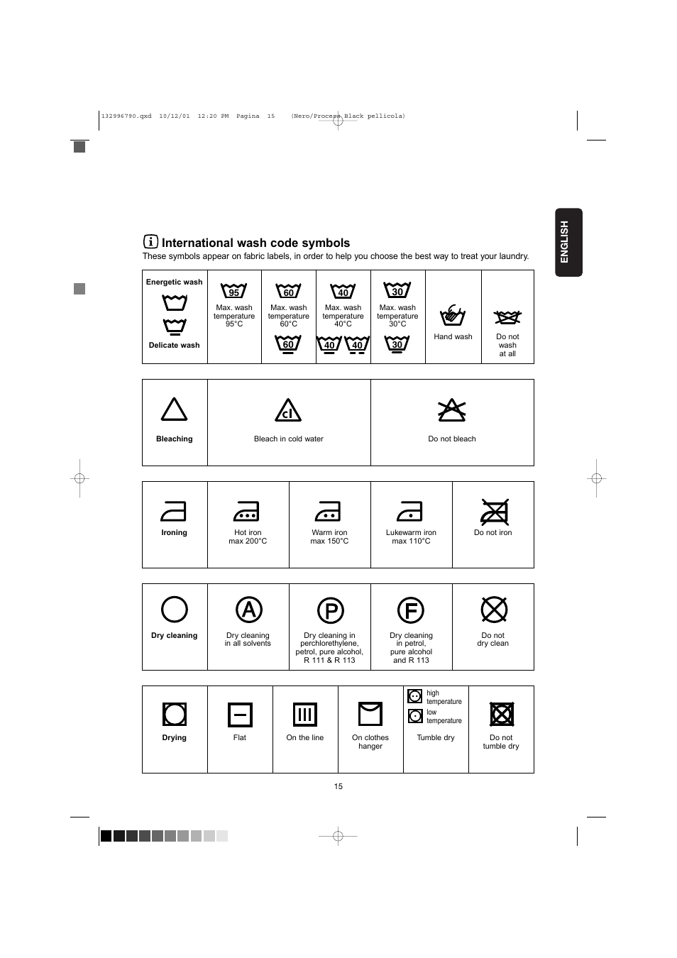 International wash code symbols | Zanussi FE 1014 N User Manual | Page 15 / 92