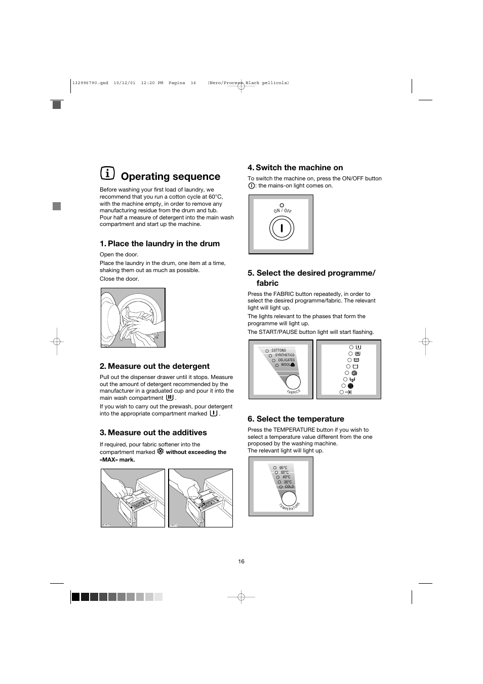 Operating sequence, Switch the machine on, Select the desired programme/ fabric | Select the temperature, Place the laundry in the drum, Measure out the detergent, Measure out the additives | Zanussi FE 1014 N User Manual | Page 16 / 92