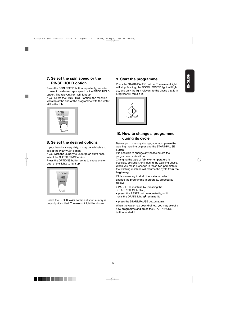 Start the programme, How to change a programme during its cycle, Select the spin speed or the rinse hold option | Select the desired options | Zanussi FE 1014 N User Manual | Page 17 / 92
