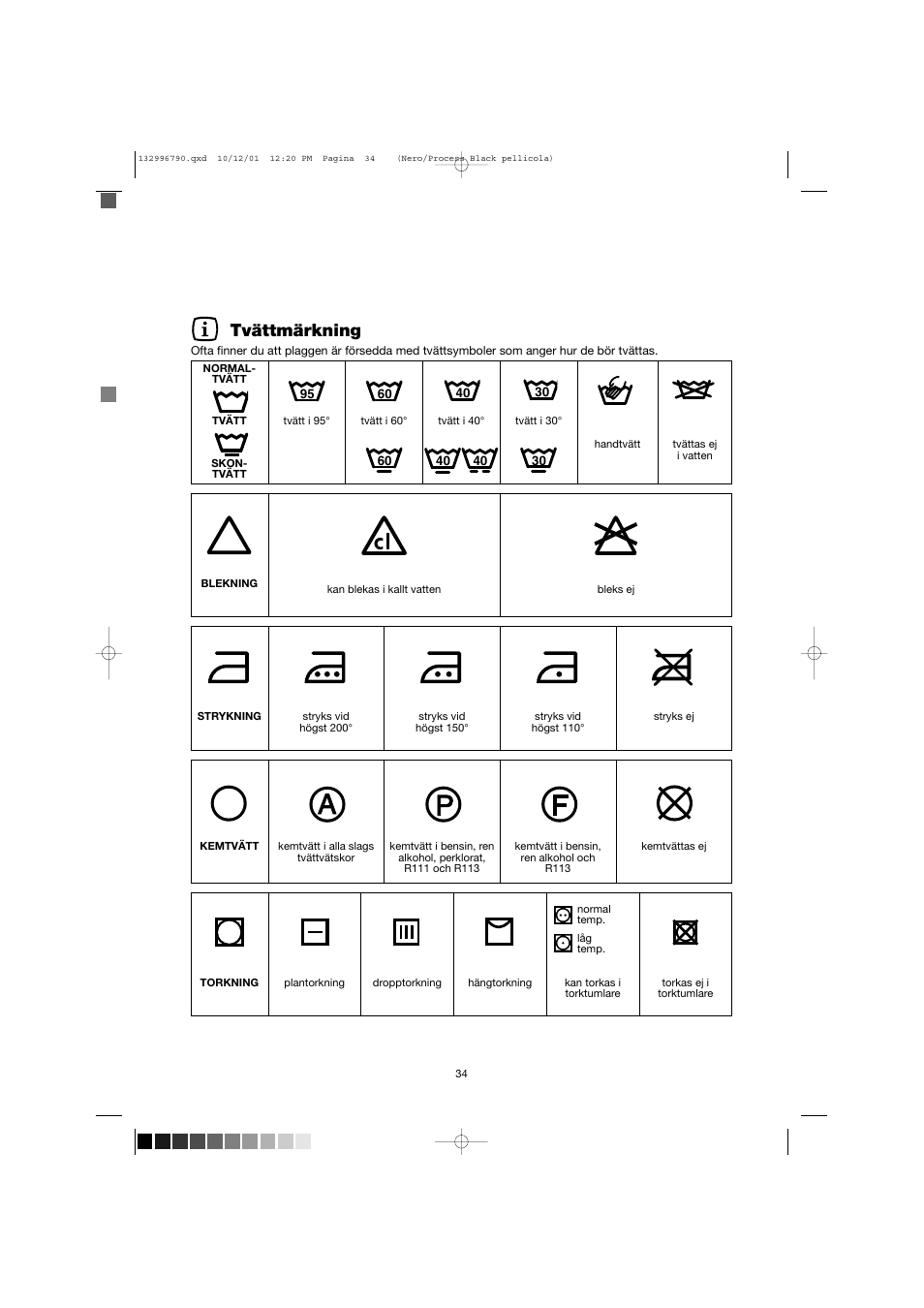 Tvättmärkning | Zanussi FE 1014 N User Manual | Page 34 / 92