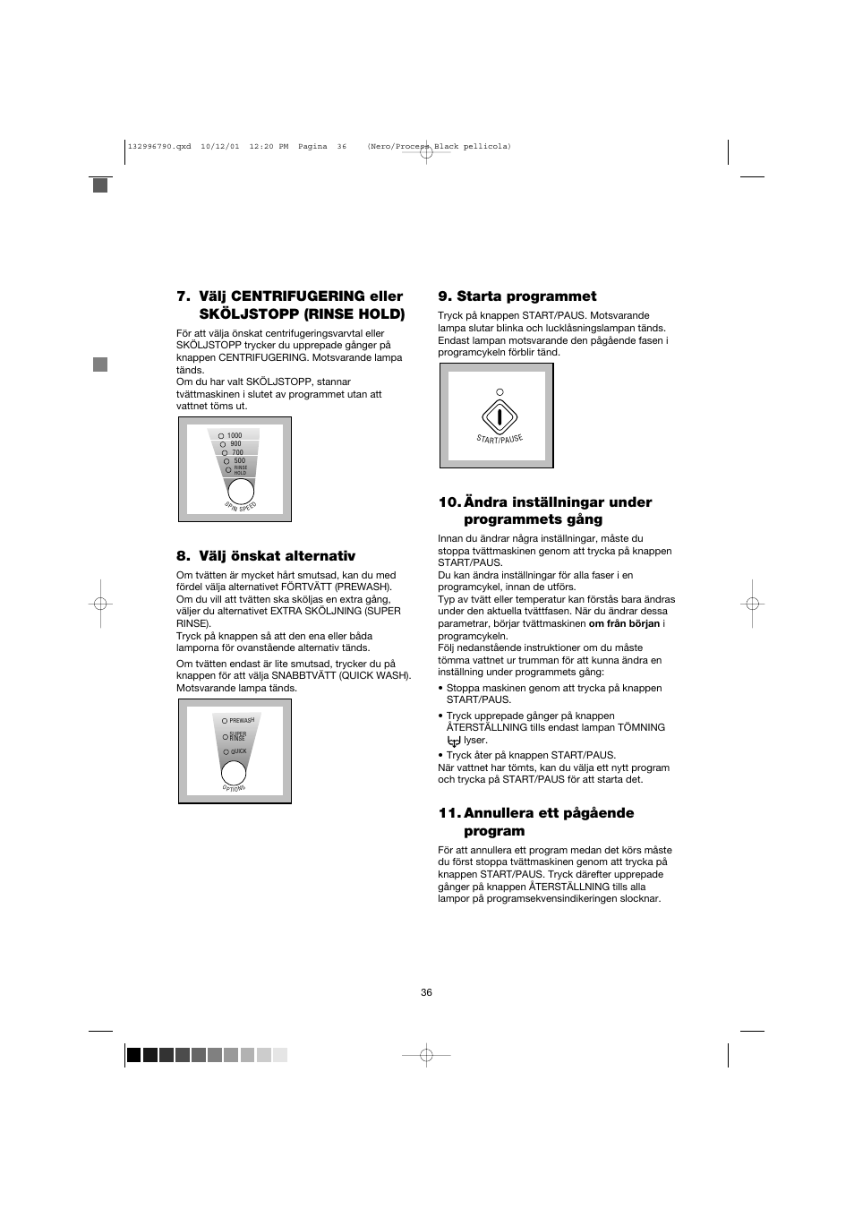 Välj centrifugering eller sköljstopp (rinse hold), Välj önskat alternativ, Starta programmet | Ändra inställningar under programmets gång, Annullera ett pågående program | Zanussi FE 1014 N User Manual | Page 36 / 92