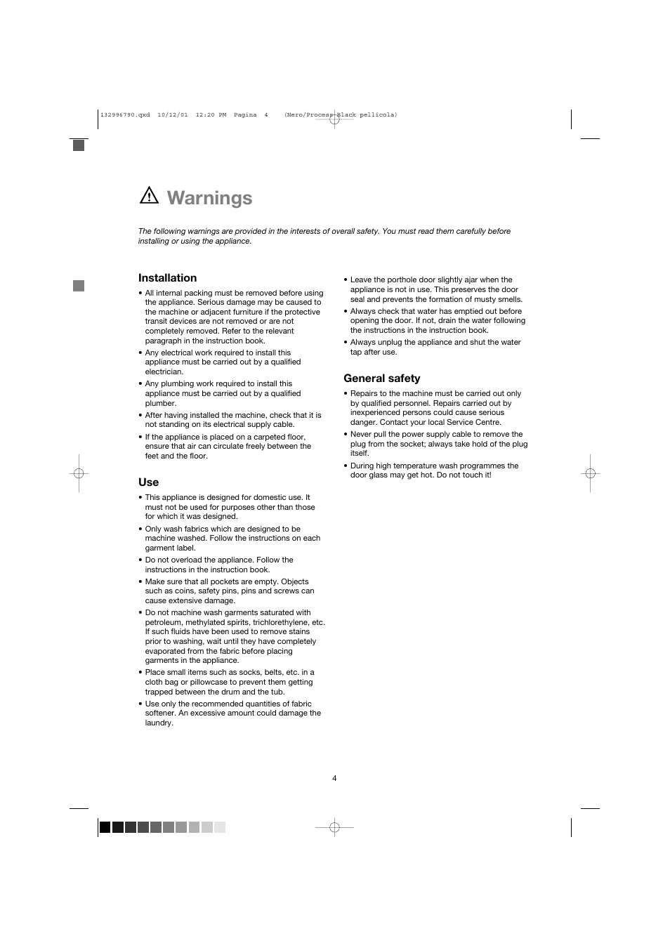 Warnings | Zanussi FE 1014 N User Manual | Page 4 / 92