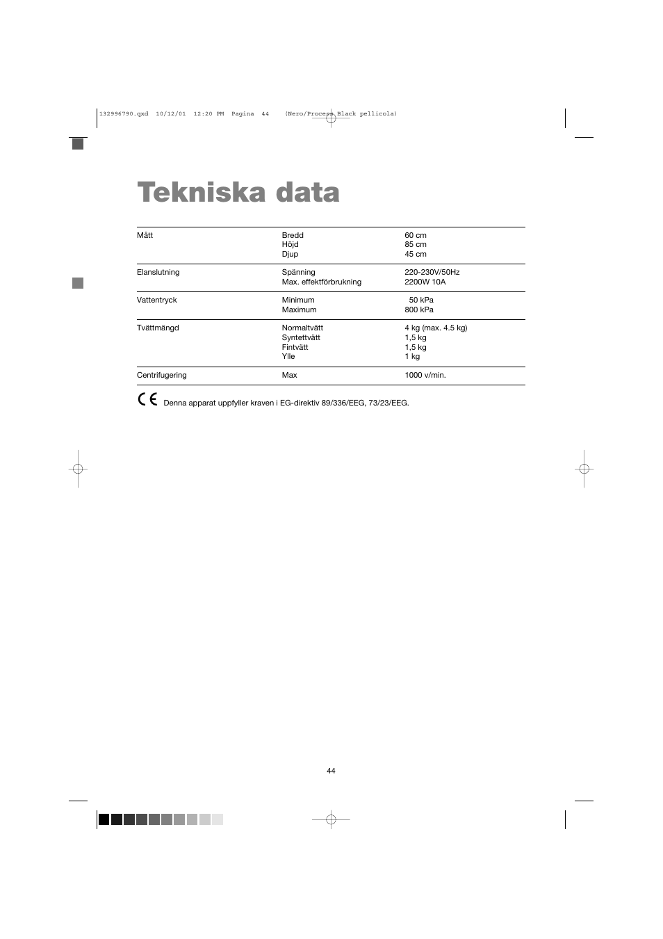 Tekniska data | Zanussi FE 1014 N User Manual | Page 44 / 92