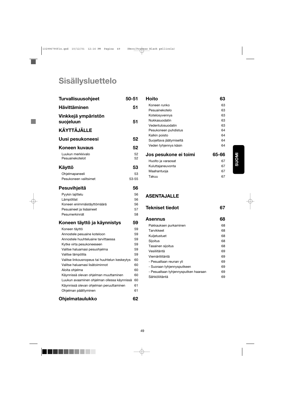 Sisällysluettelo | Zanussi FE 1014 N User Manual | Page 49 / 92