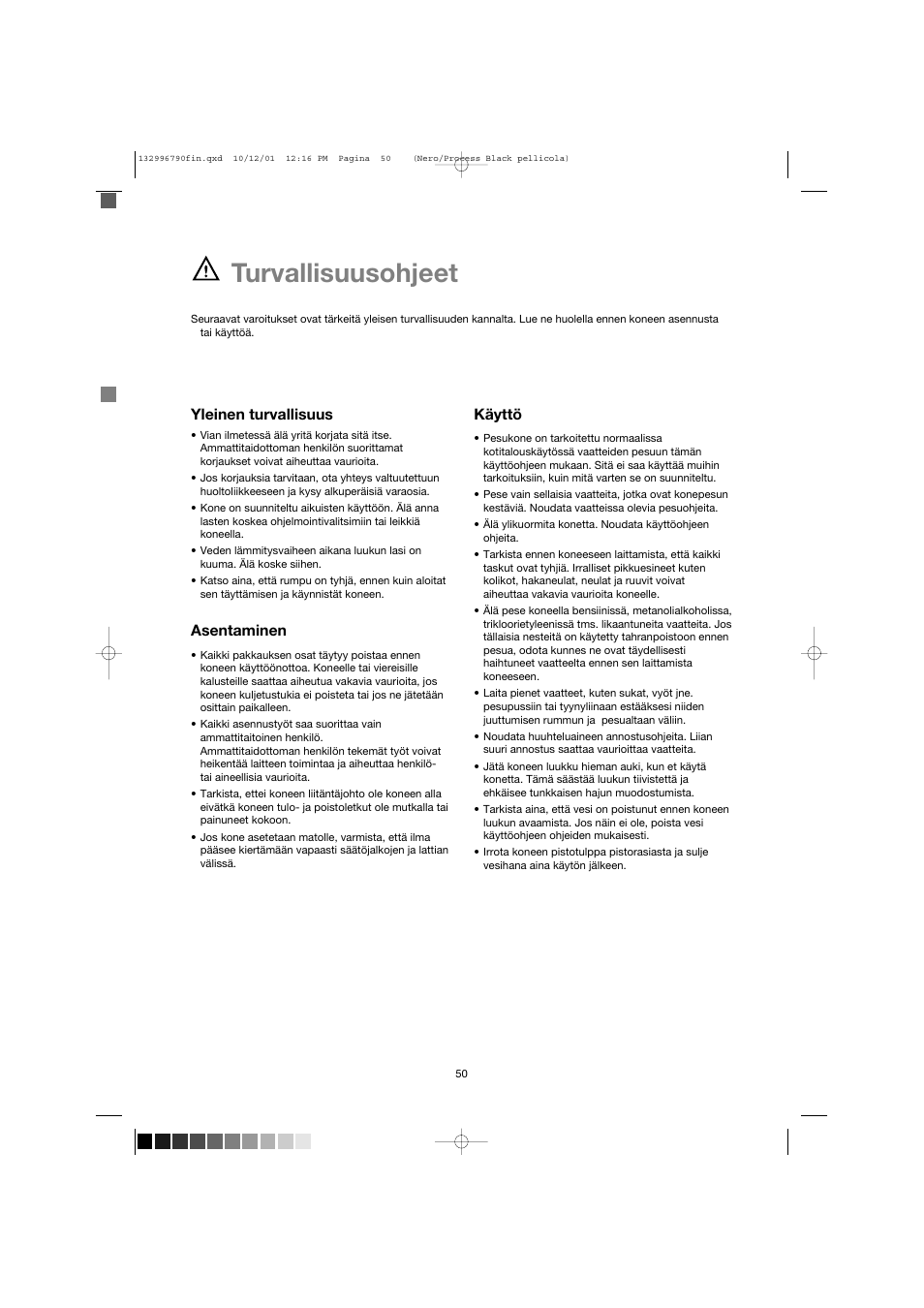 Turvallisuusohjeet | Zanussi FE 1014 N User Manual | Page 50 / 92