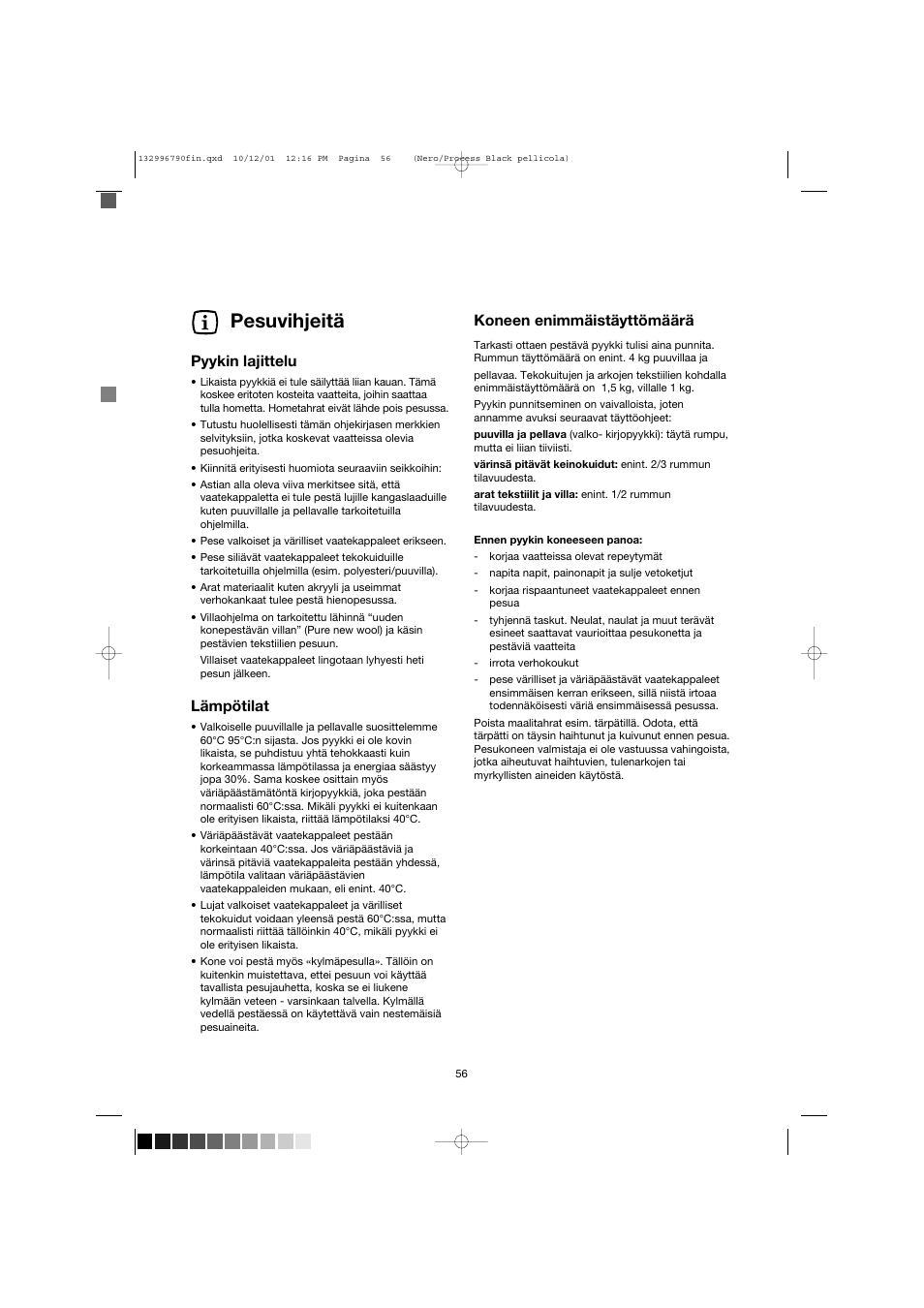 Pesuvihjeitä, Pyykin lajittelu, Lämpötilat | Koneen enimmäistäyttömäärä | Zanussi FE 1014 N User Manual | Page 56 / 92