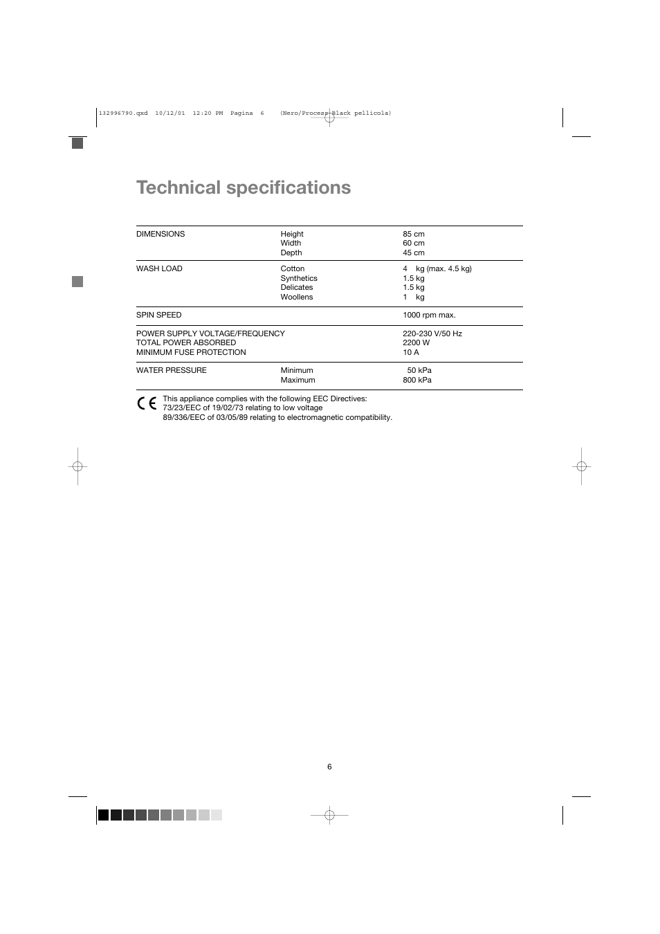 Technical specifications | Zanussi FE 1014 N User Manual | Page 6 / 92