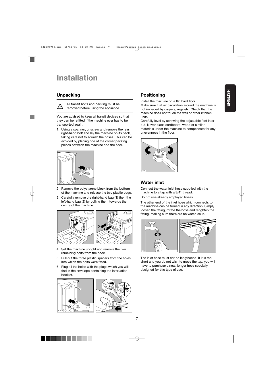 Installation, Unpacking, Positioning | Water inlet | Zanussi FE 1014 N User Manual | Page 7 / 92