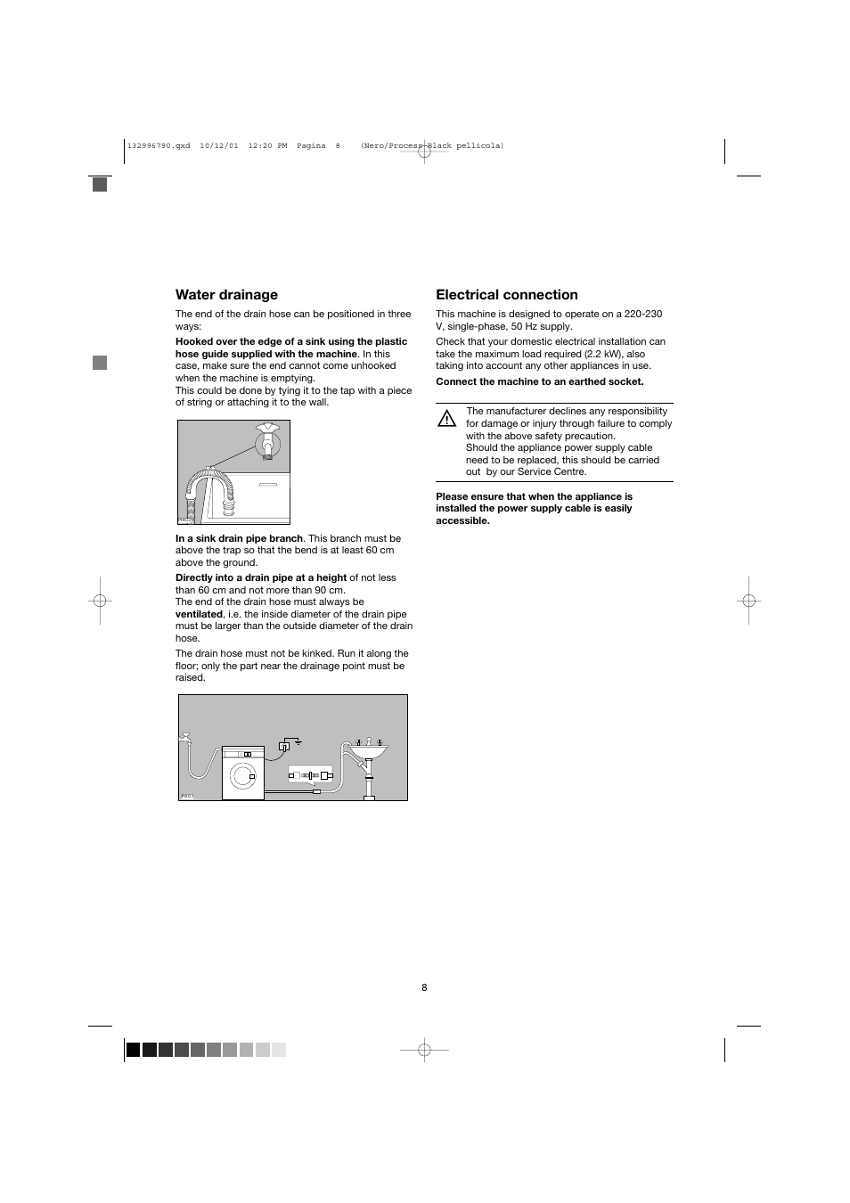 Water drainage, Electrical connection | Zanussi FE 1014 N User Manual | Page 8 / 92