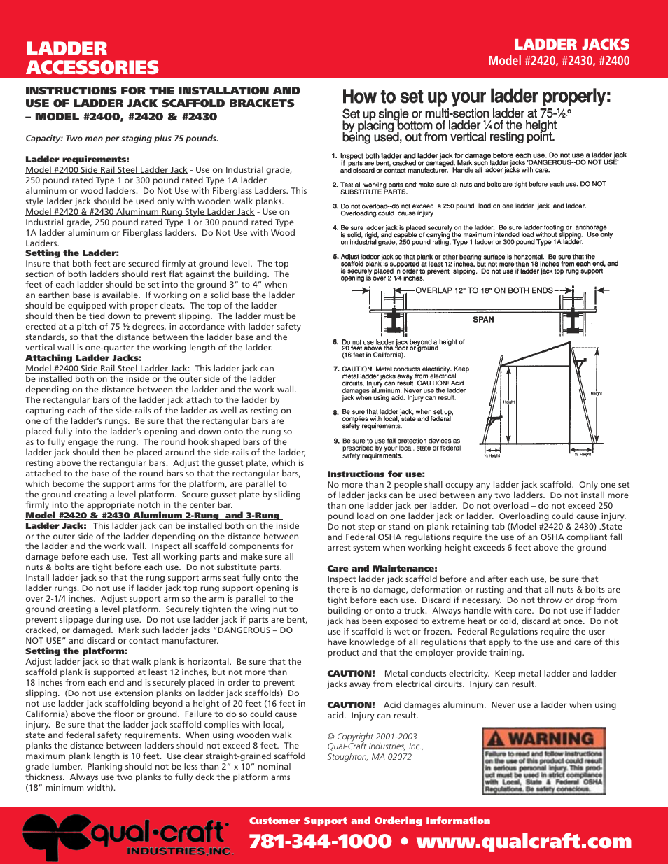 Ladder accessories, Ladder jacks | Qualcraft 2-Rung Ladder Jack User Manual | Page 2 / 2