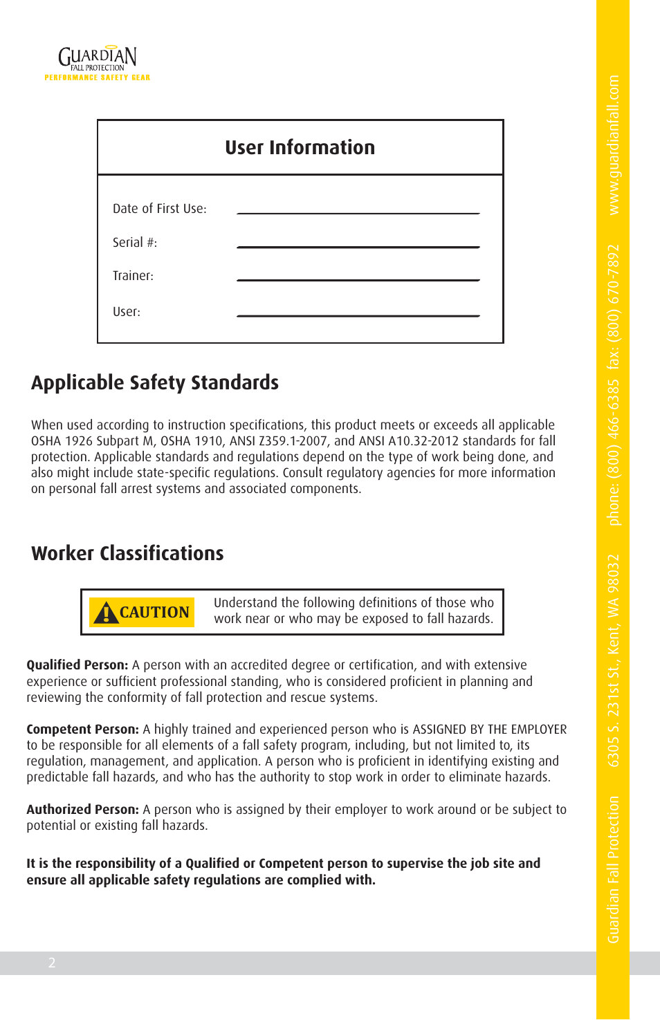 User information, Applicable safety standards, Worker classifications | Qualcraft Seraph HUV Harness User Manual | Page 4 / 16