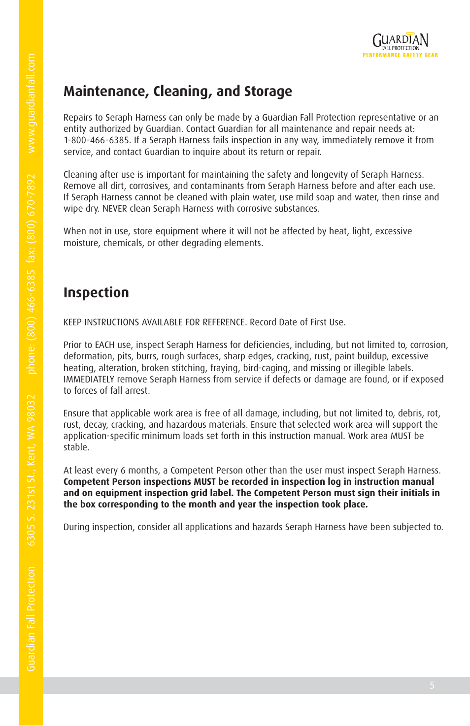 Maintenance, cleaning, and storage, Inspection | Qualcraft Seraph HUV Harness User Manual | Page 7 / 16