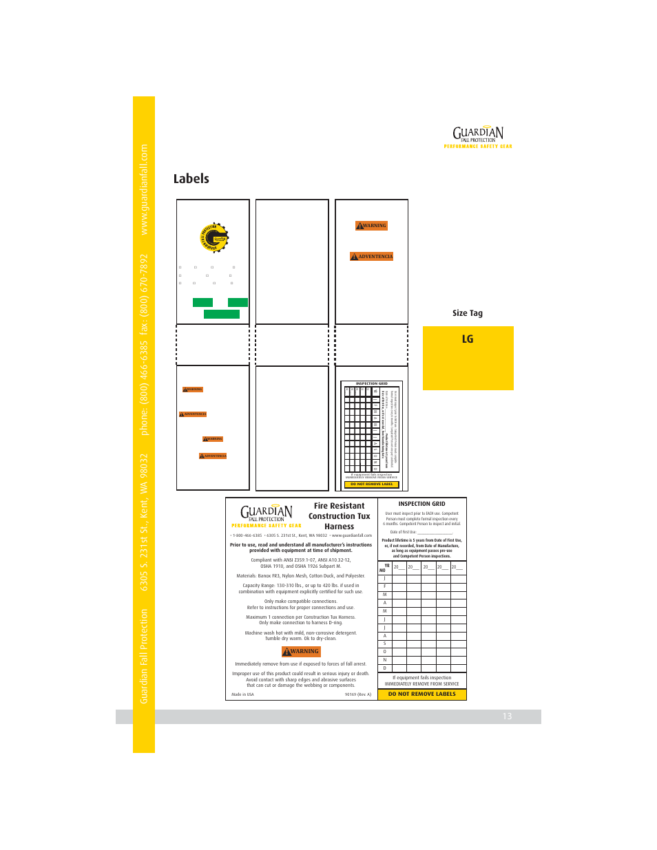 Labels, Size tag, Fire resistant construction tux harness | Qualcraft Surveyor's Construction Tux User Manual | Page 15 / 16